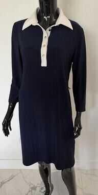 Lauren Ralph Lauren Dress Size 10 Navy Ivory Polo Gold Snap 3/4 Sleeve Shift